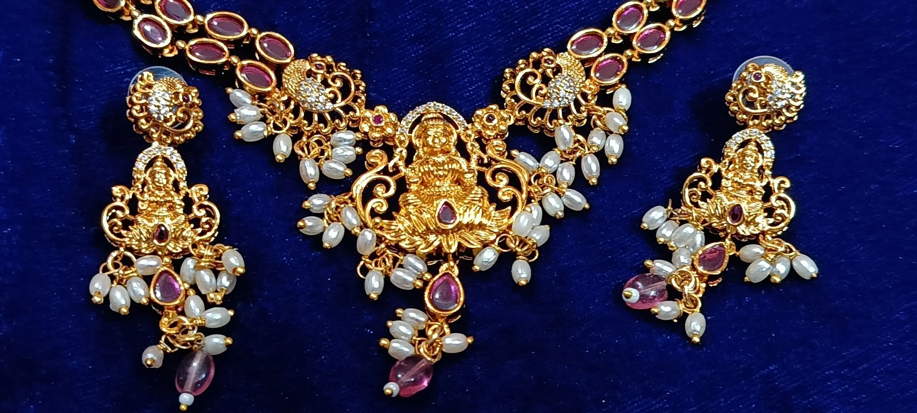 Gold Plated Goddess Lakshmi Temple Necklace Set with Ruby Stones & Pearl Clusters 2