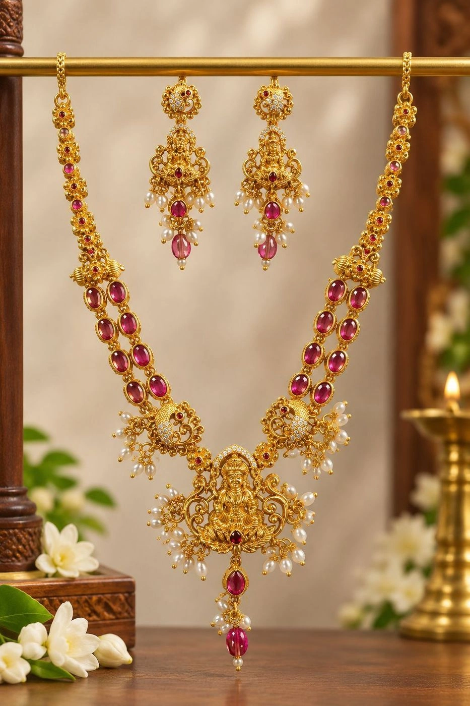 Gold Plated Goddess Lakshmi Temple Necklace Set with Ruby Stones & Pearl Clusters 3