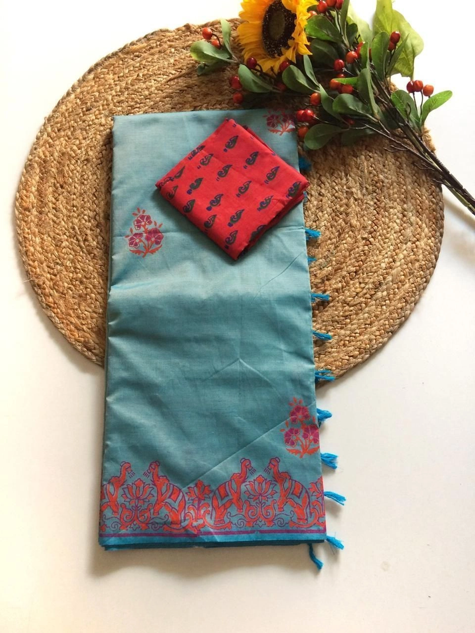 Southcottonmix block printed saree with  blouse 2