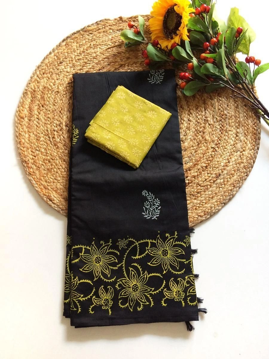 Southcottonmix block printed saree with  blouse 9