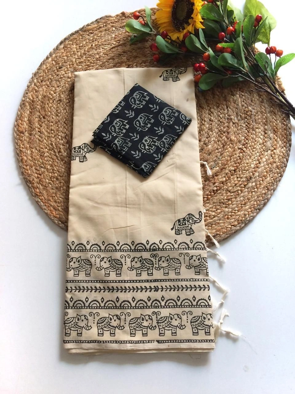 Southcottonmix block printed saree with  blouse 11
