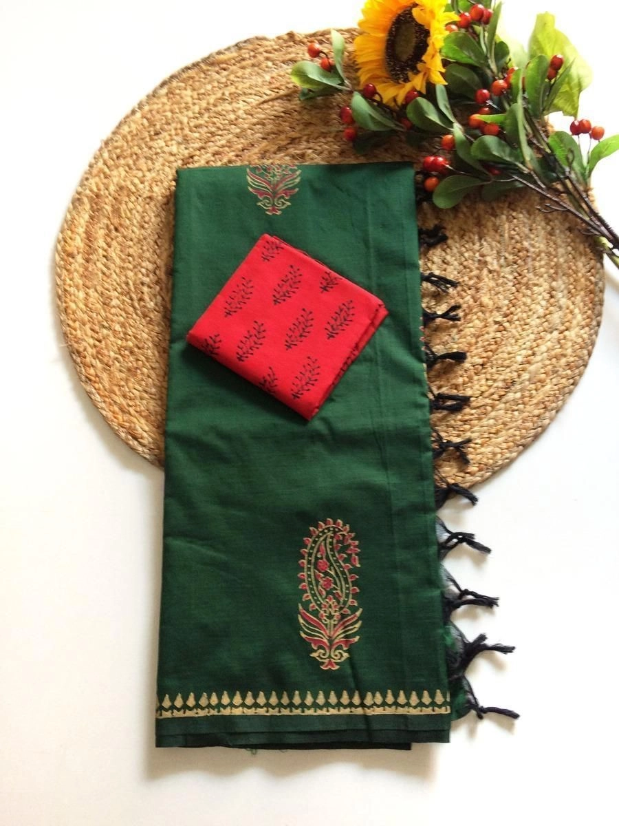 Southcottonmix block printed saree with  blouse 12