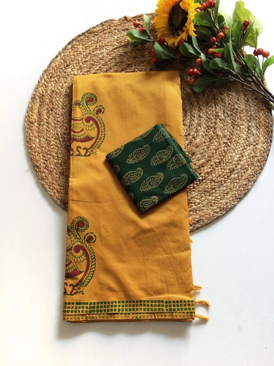 Southcottonmix block printed saree with  blouse 13