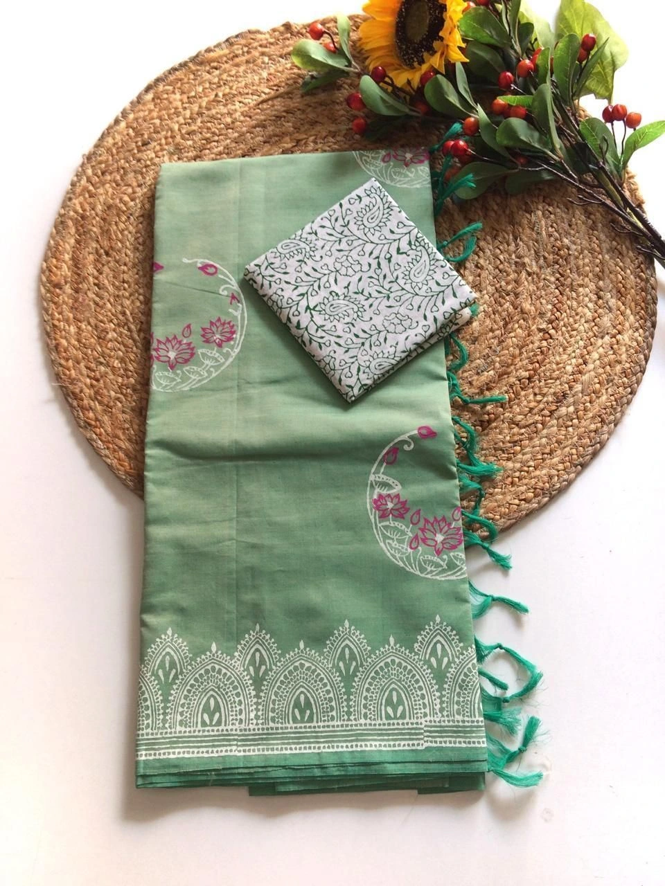 Southcottonmix block printed saree with  blouse 14