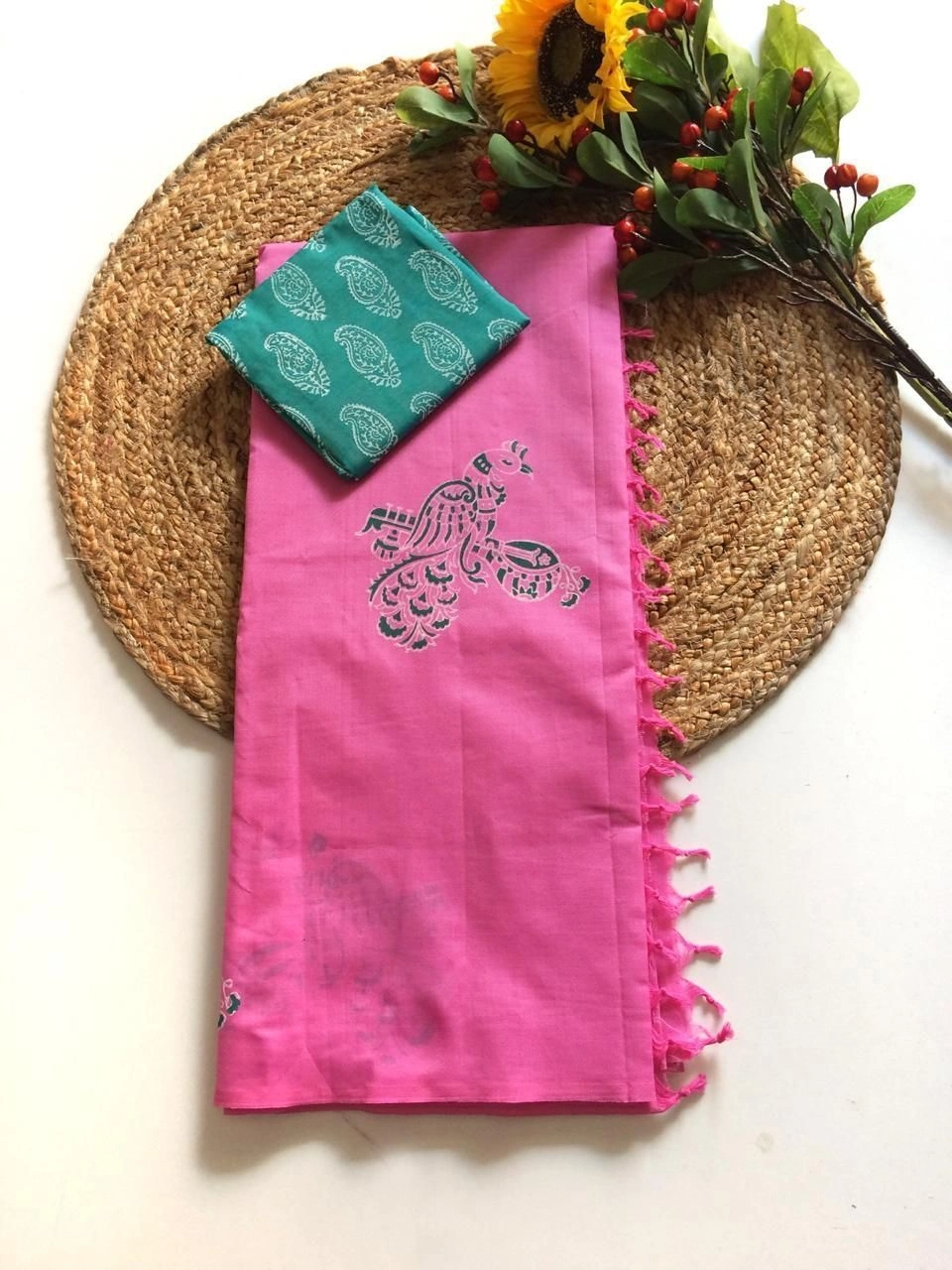 Southcottonmix block printed saree with  blouse 15