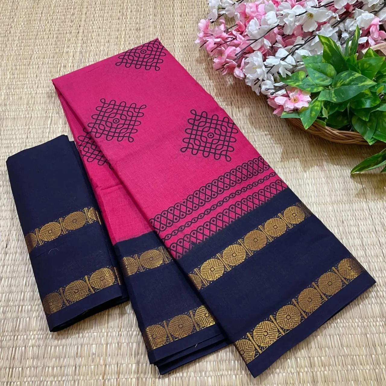 Sungudi Cotton Kolam Printed Sarees 1