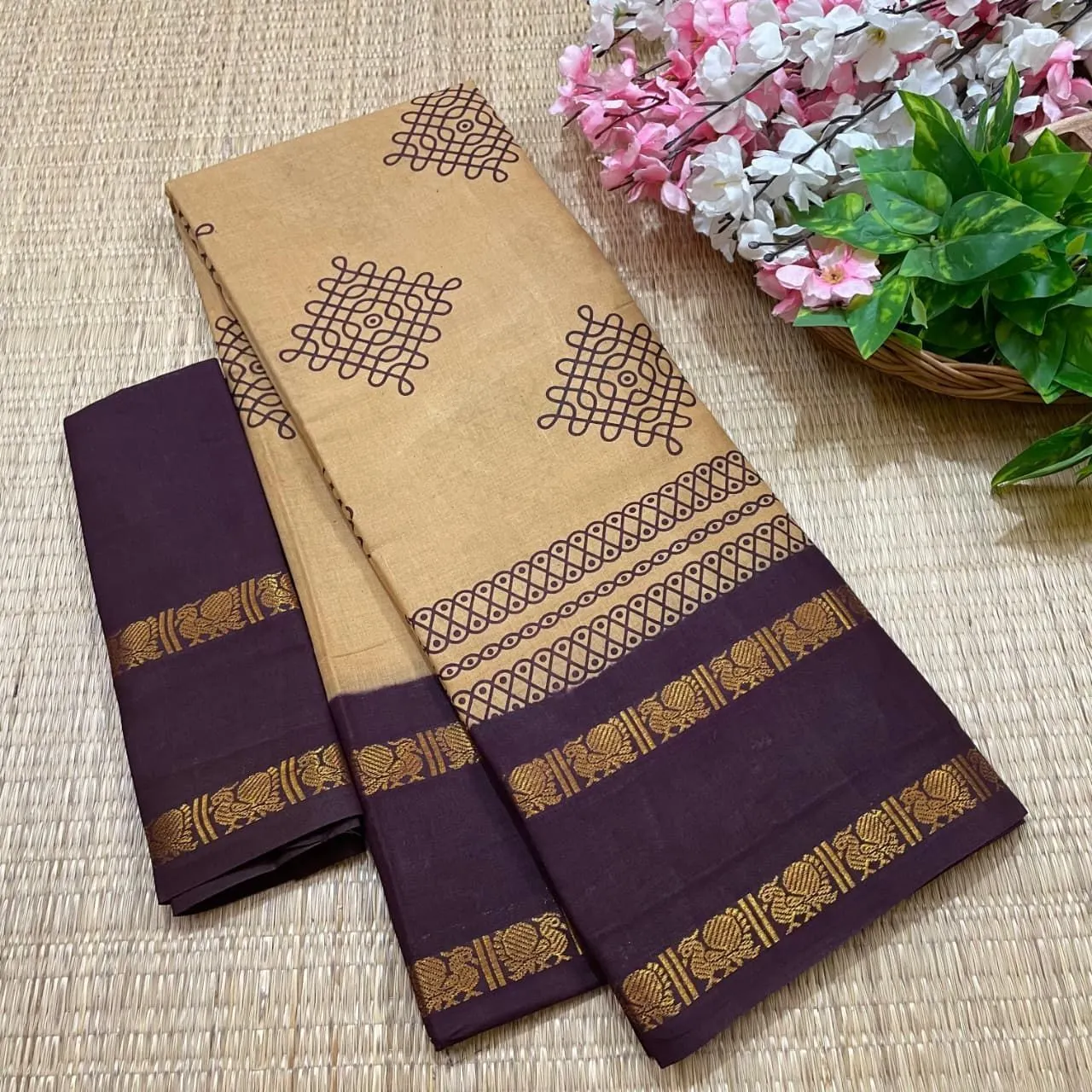 Sungudi Cotton Kolam Printed Sarees 3