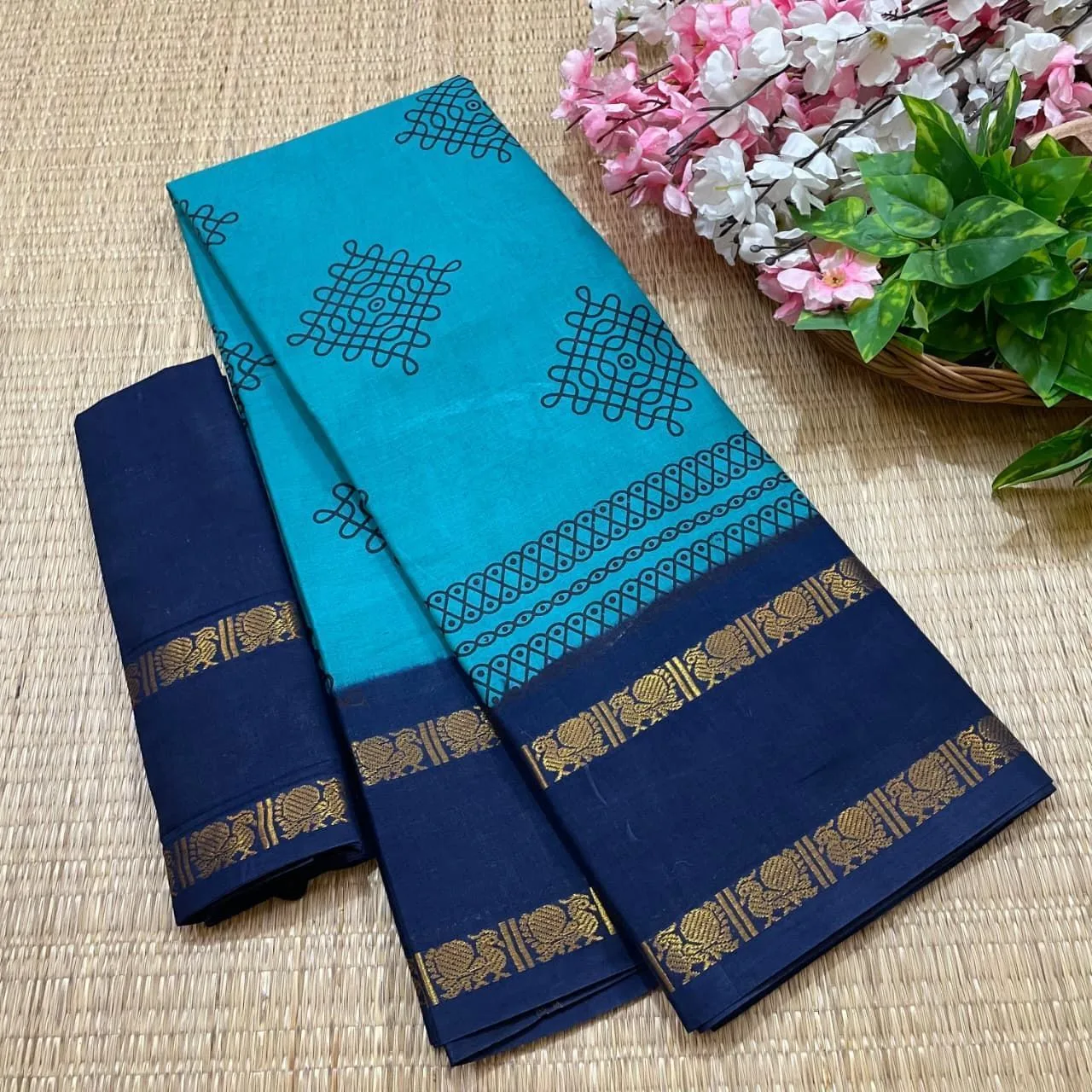 Sungudi Cotton Kolam Printed Sarees 6