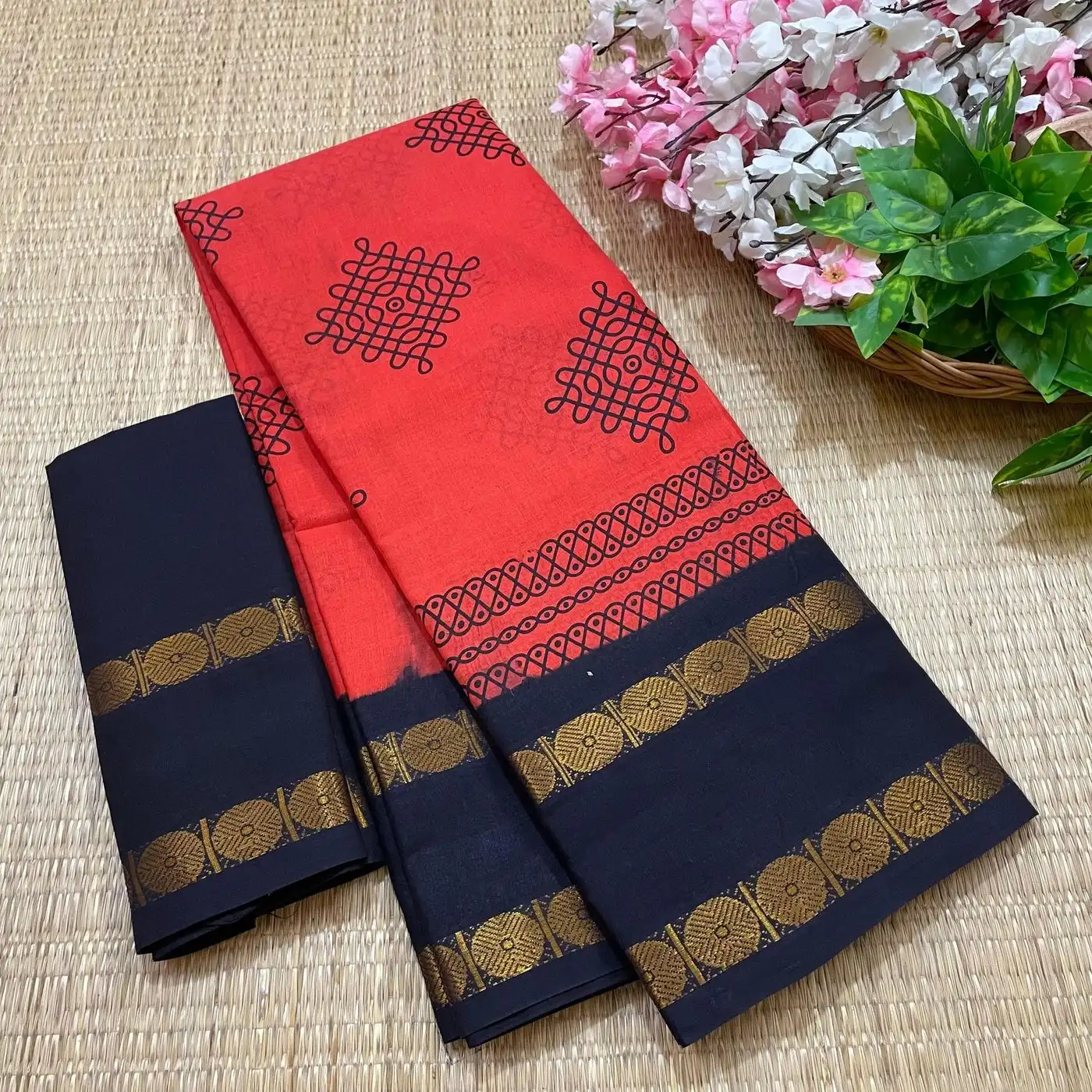 Sungudi Cotton Kolam Printed Sarees 8