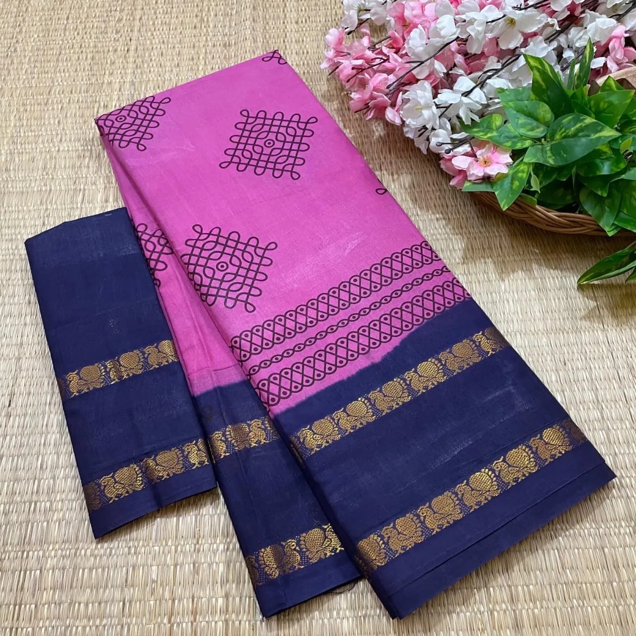 Sungudi Cotton Kolam Printed Sarees 9