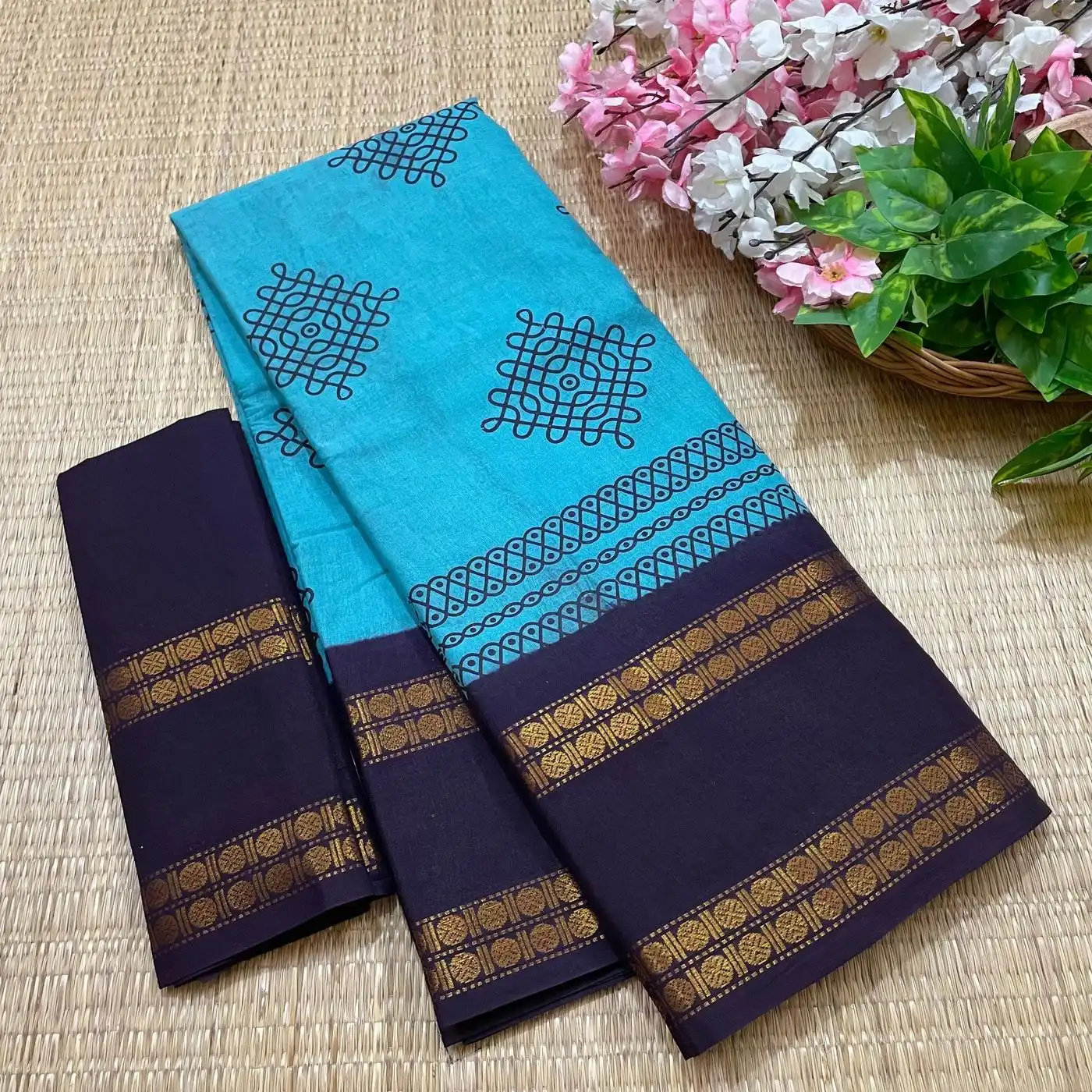 Sungudi Cotton Kolam Printed Sarees 14