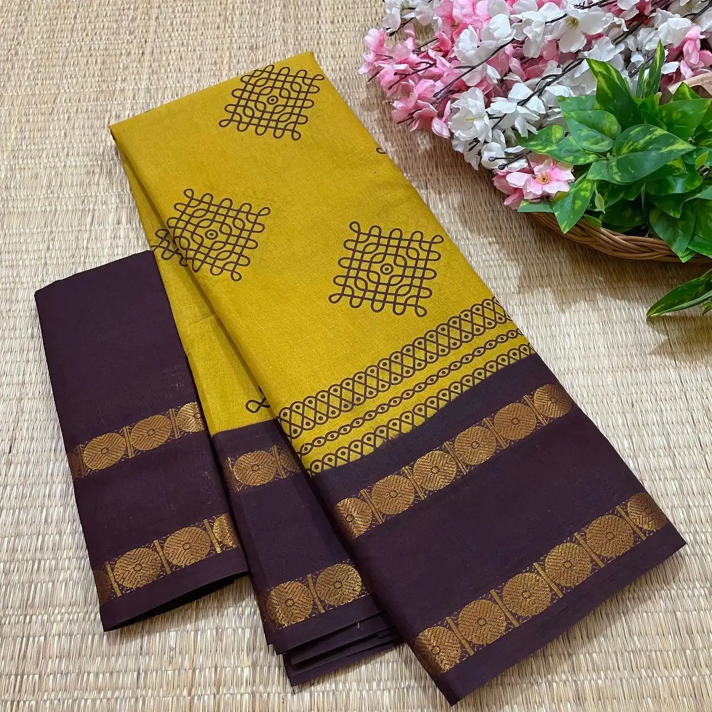 Sungudi Cotton Kolam Printed Sarees 18