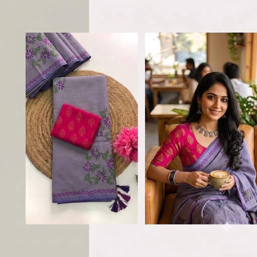 Southcottonmix Hand block printed Sarees Wirthblouse 1