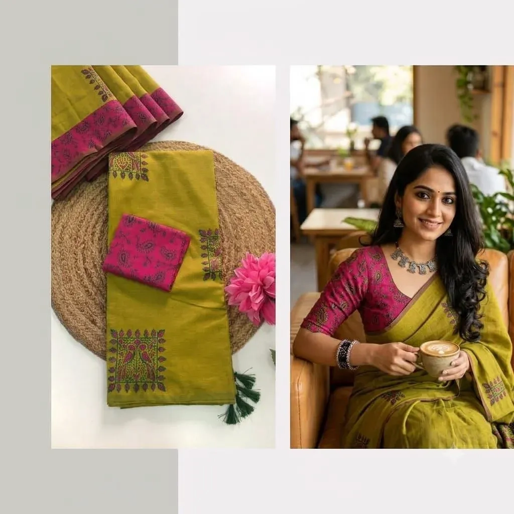 Southcottonmix Hand block printed Sarees Wirthblouse 2