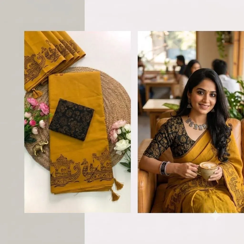 Southcottonmix Hand block printed Sarees Wirthblouse 3