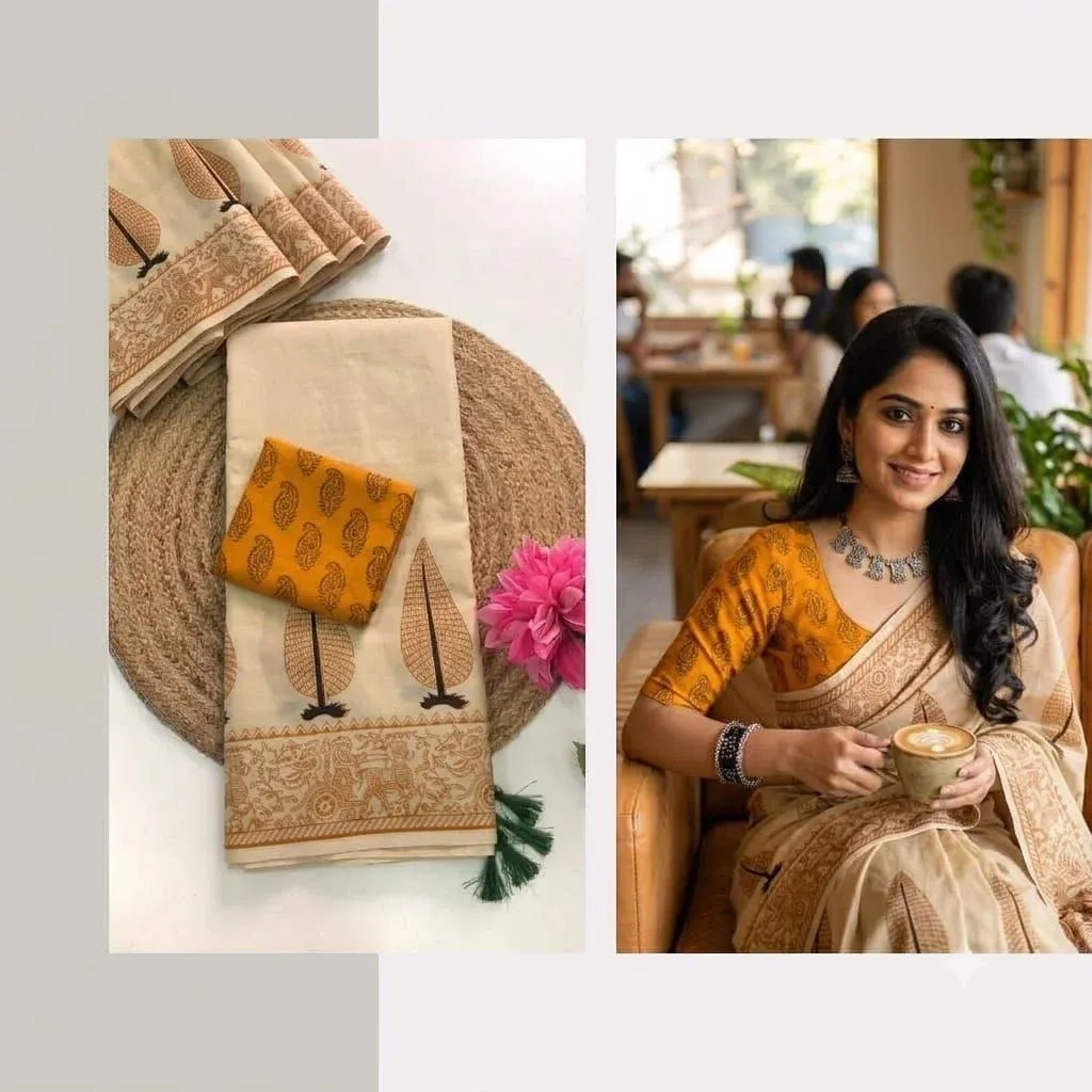 Southcottonmix Hand block printed Sarees Wirthblouse 4