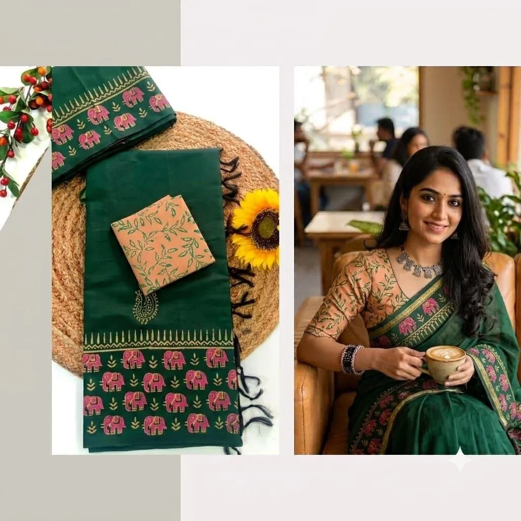 Southcottonmix Hand block printed Sarees Wirthblouse 7