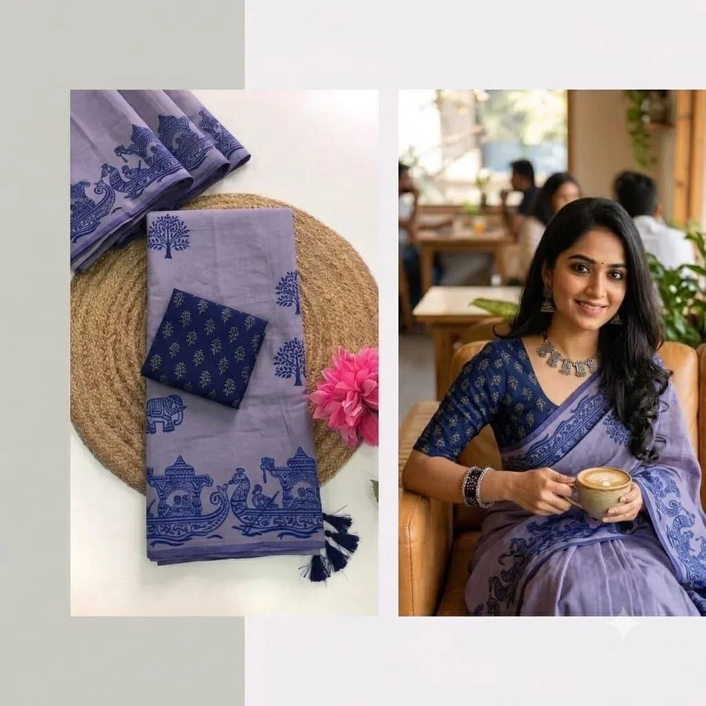 Southcottonmix Hand block printed Sarees Wirthblouse 8