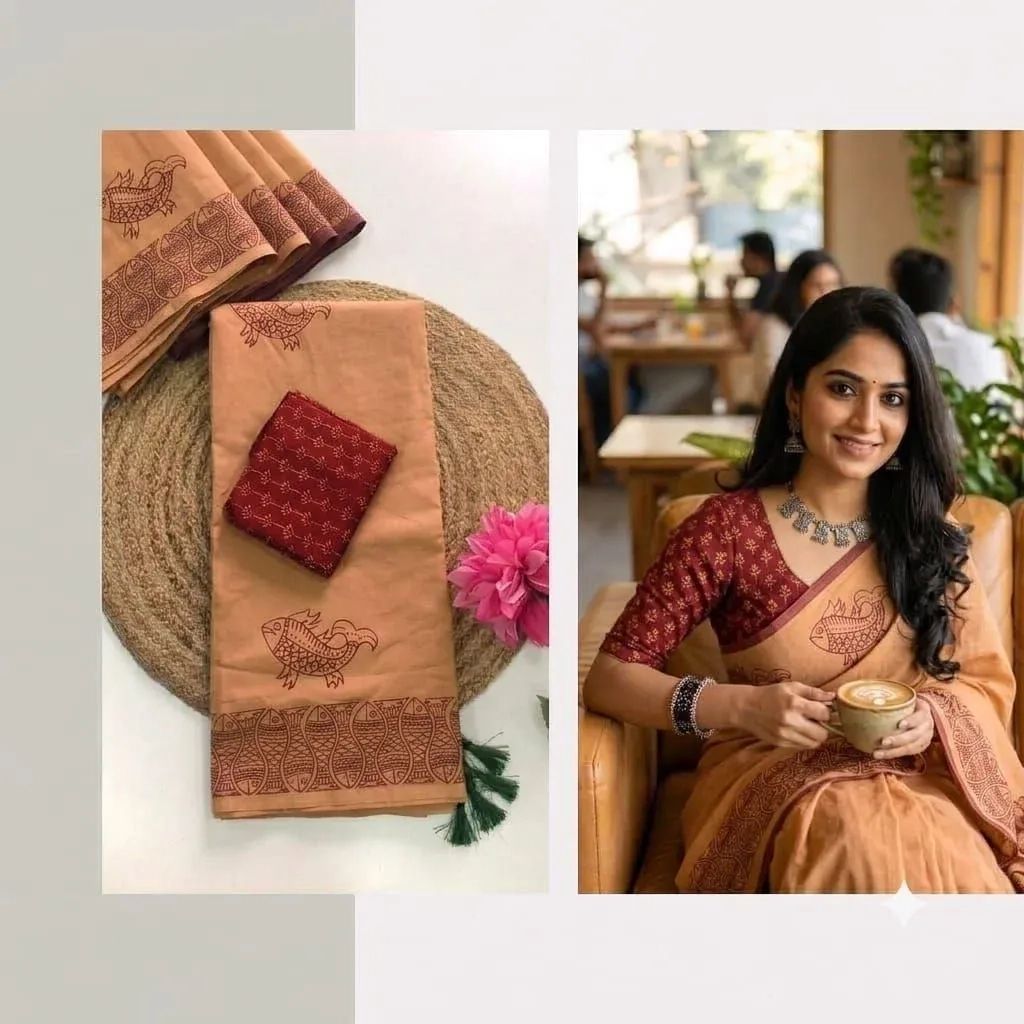 Southcottonmix Hand block printed Sarees Wirthblouse 9