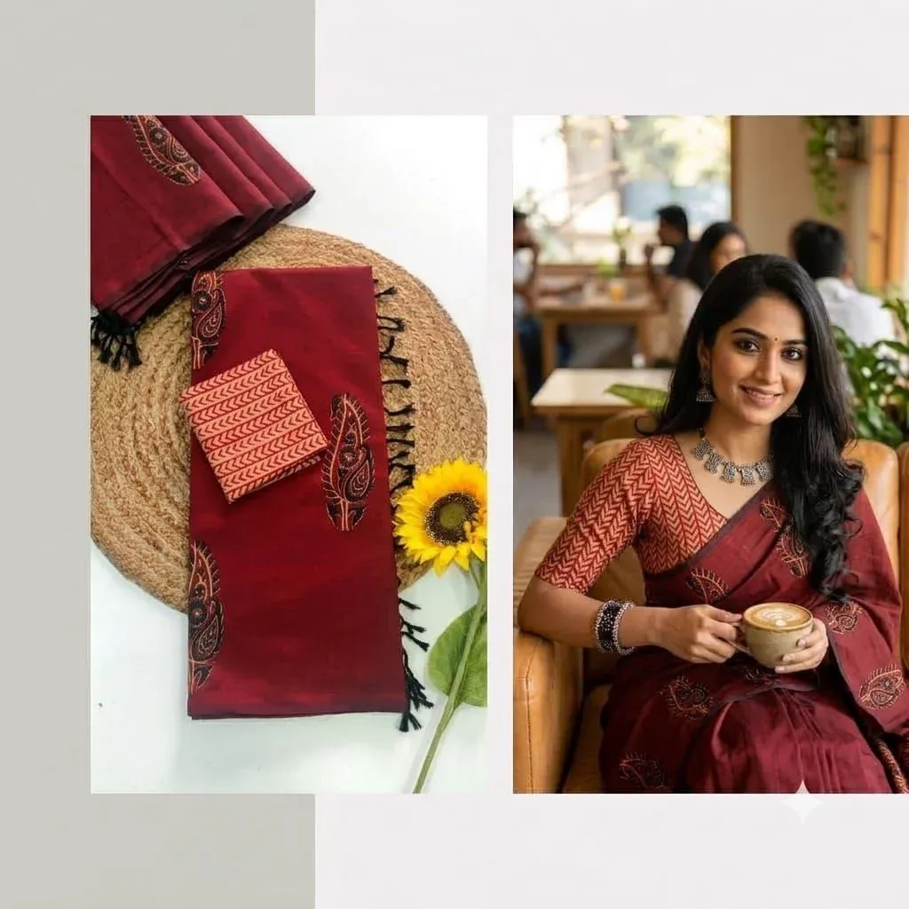 Southcottonmix Hand block printed Sarees Wirthblouse 10