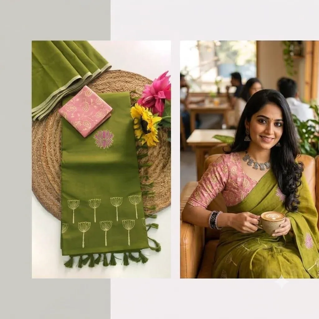 Southcottonmix Hand block printed Sarees Wirthblouse 12