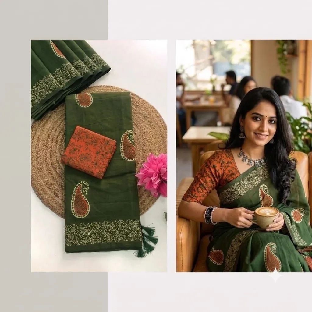 Southcottonmix Hand block printed Sarees Wirthblouse 13