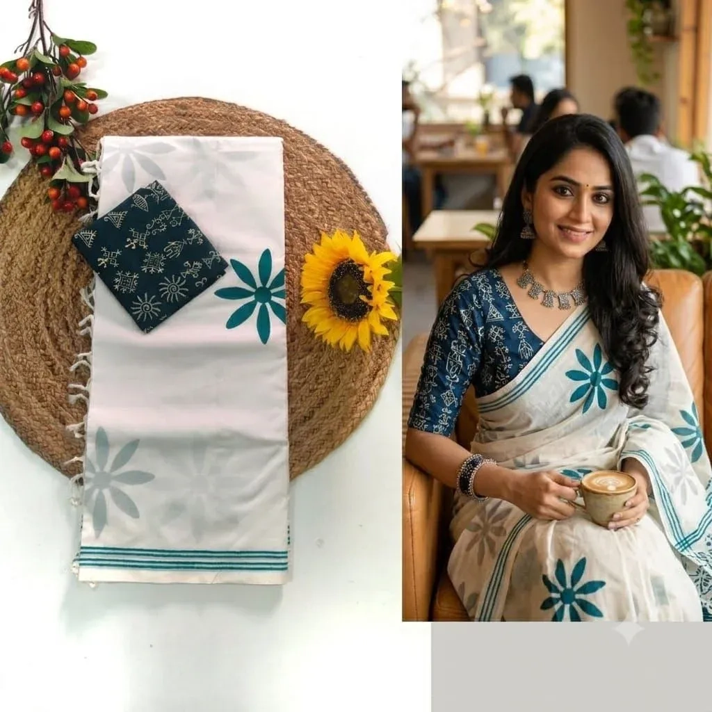Southcottonmix Hand block printed Sarees Wirthblouse 15