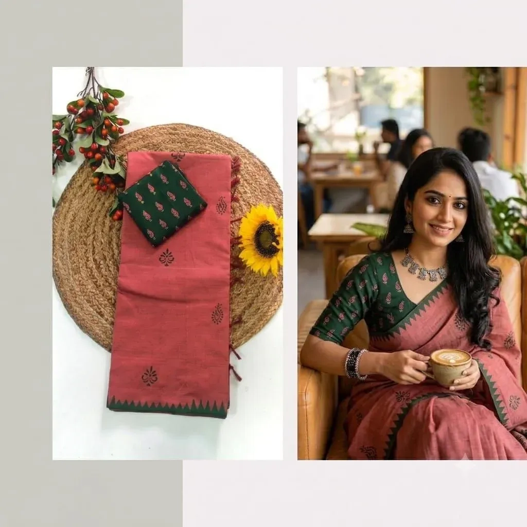 Southcottonmix Hand block printed Sarees Wirthblouse 16
