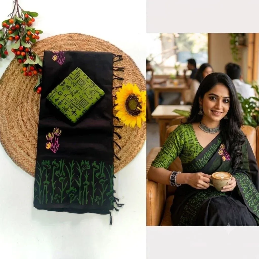 Southcottonmix Hand block printed Sarees Wirthblouse 18