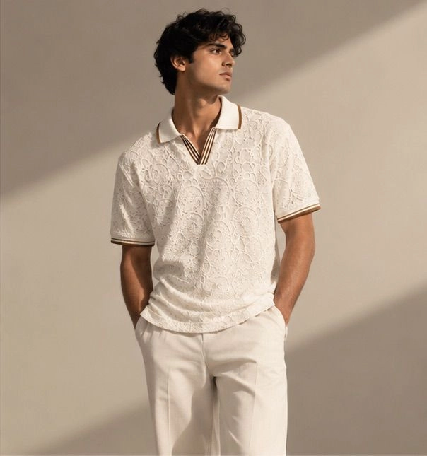 Ivory Luxe Textured Polo T-Shirt 3