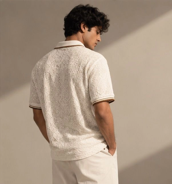 Ivory Luxe Textured Polo T-Shirt 4