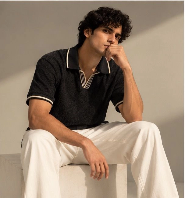 RABYN Black Luxe Textured Polo T-Shirt