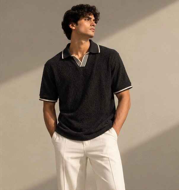 RABYN Black Luxe Textured Polo T-Shirt