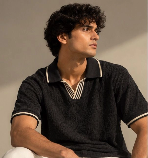 RABYN Black Luxe Textured Polo T-Shirt 3