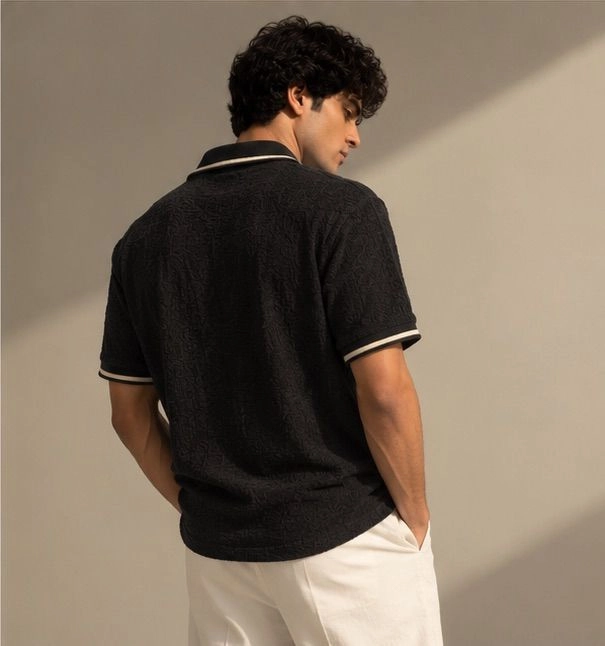 RABYN Black Luxe Textured Polo T-Shirt 4