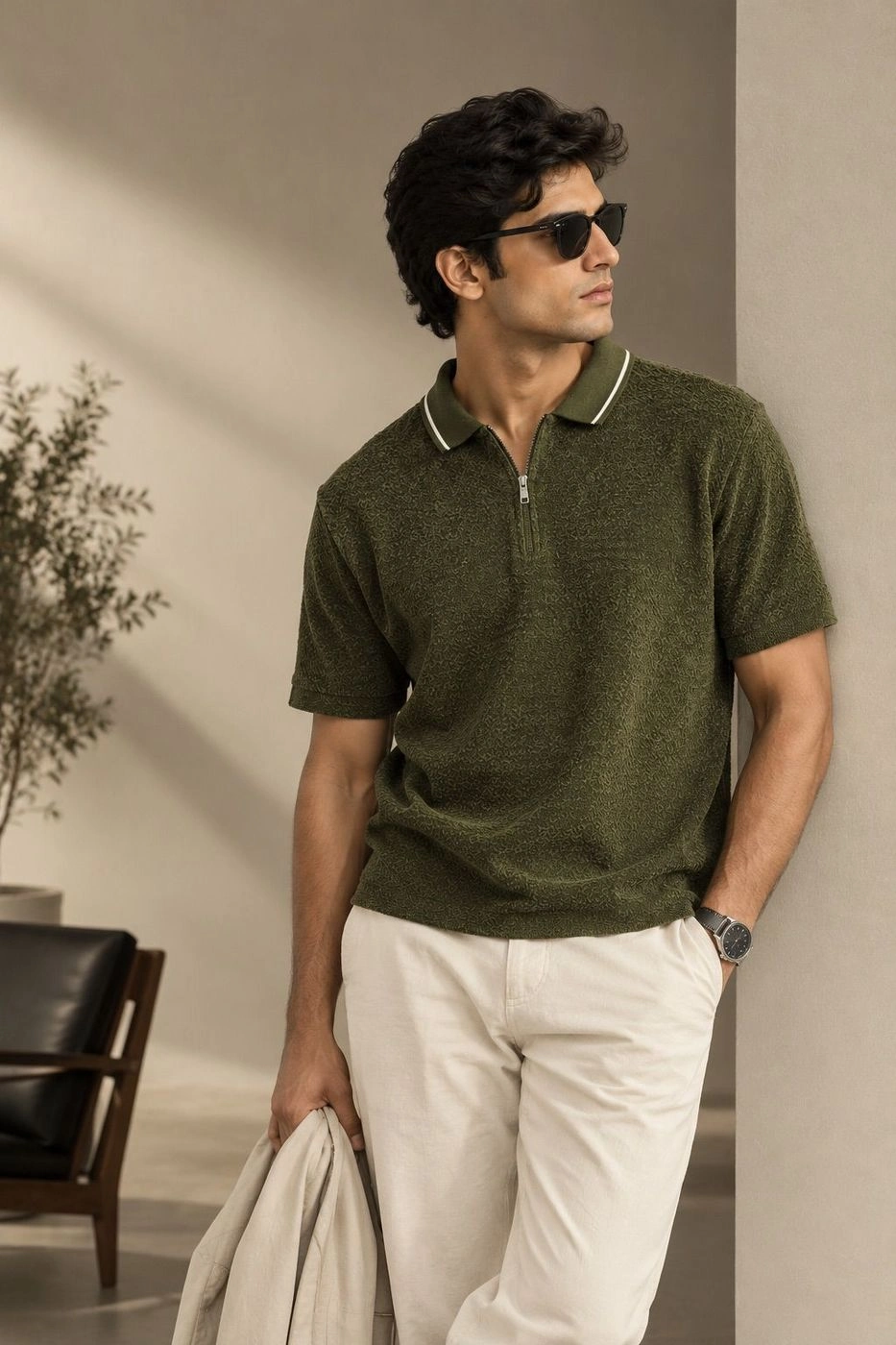 Olive Luxe Textured Zip Polo