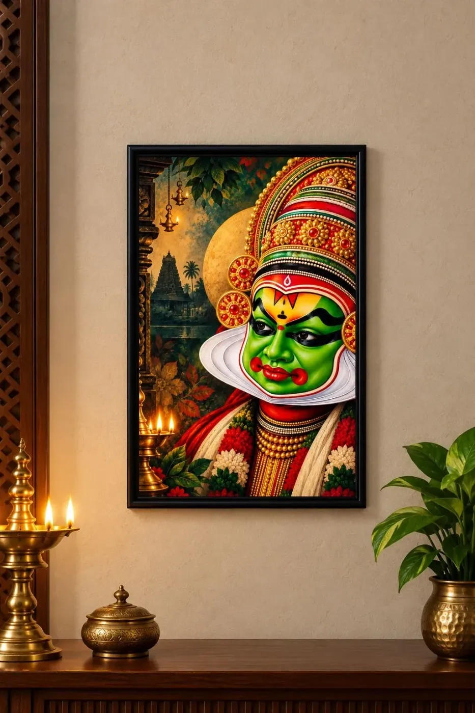 Kerala Kathakali Framed Wall Art | Traditional Indian Classical Dance Portrait | Premium Laminated Art Print with Black Frame | Kerala Cultural Wall Decor for Living Room, Bedroom & Office | 47.5 x 32.5 cm