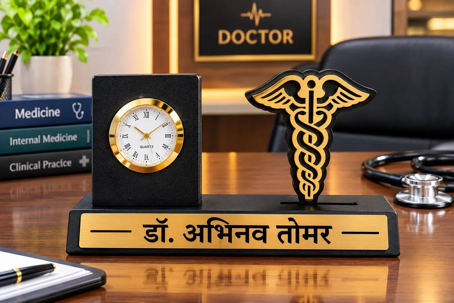 ​Personalized Doctor Desk Nameplate with Analog Clock & 3D Caduceus Medical Symbol 1