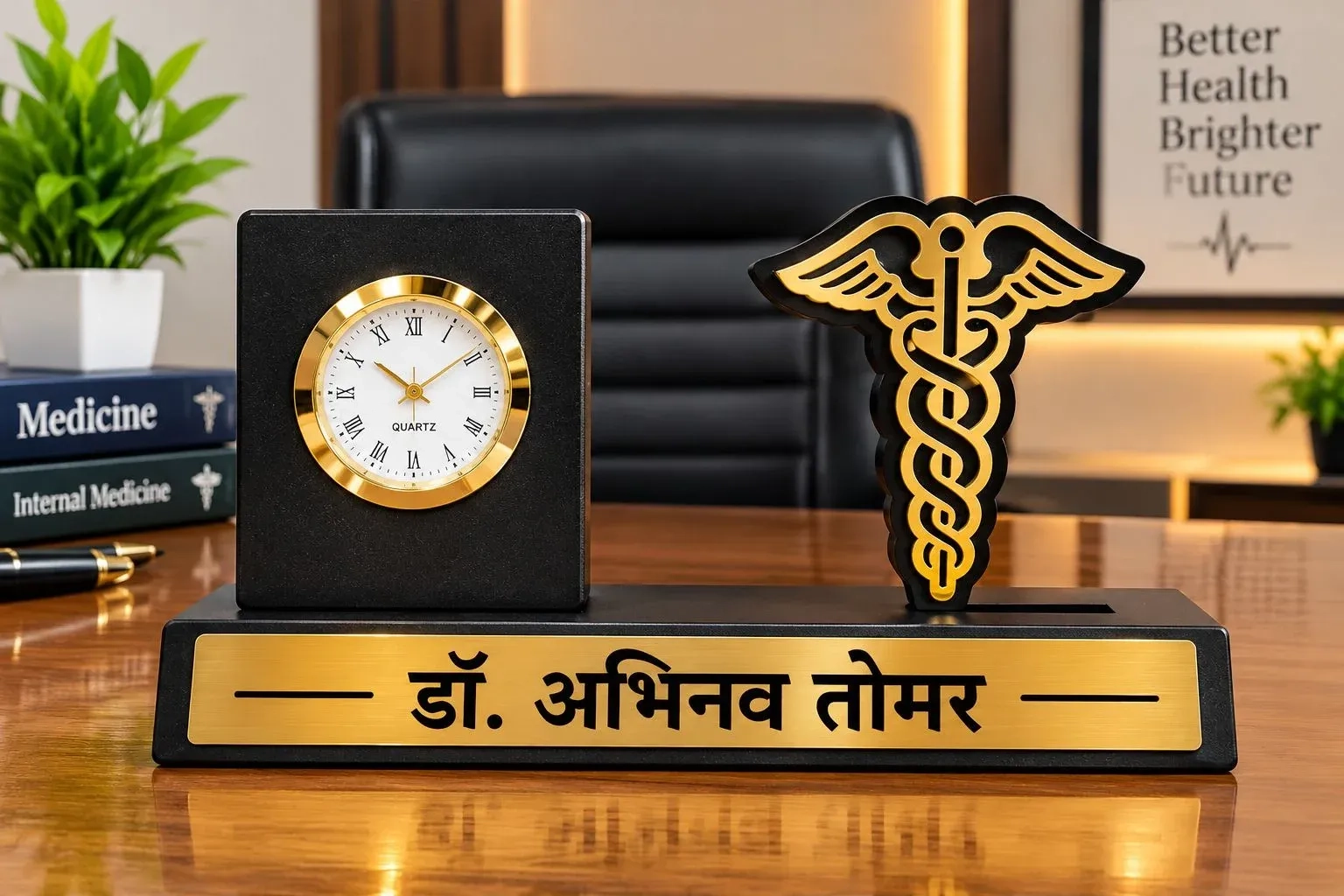 ​Personalized Doctor Desk Nameplate with Analog Clock & 3D Caduceus Medical Symbol 2