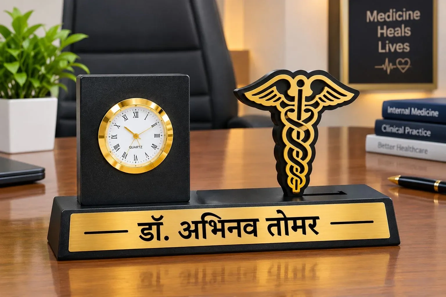 ​Personalized Doctor Desk Nameplate with Analog Clock & 3D Caduceus Medical Symbol 3