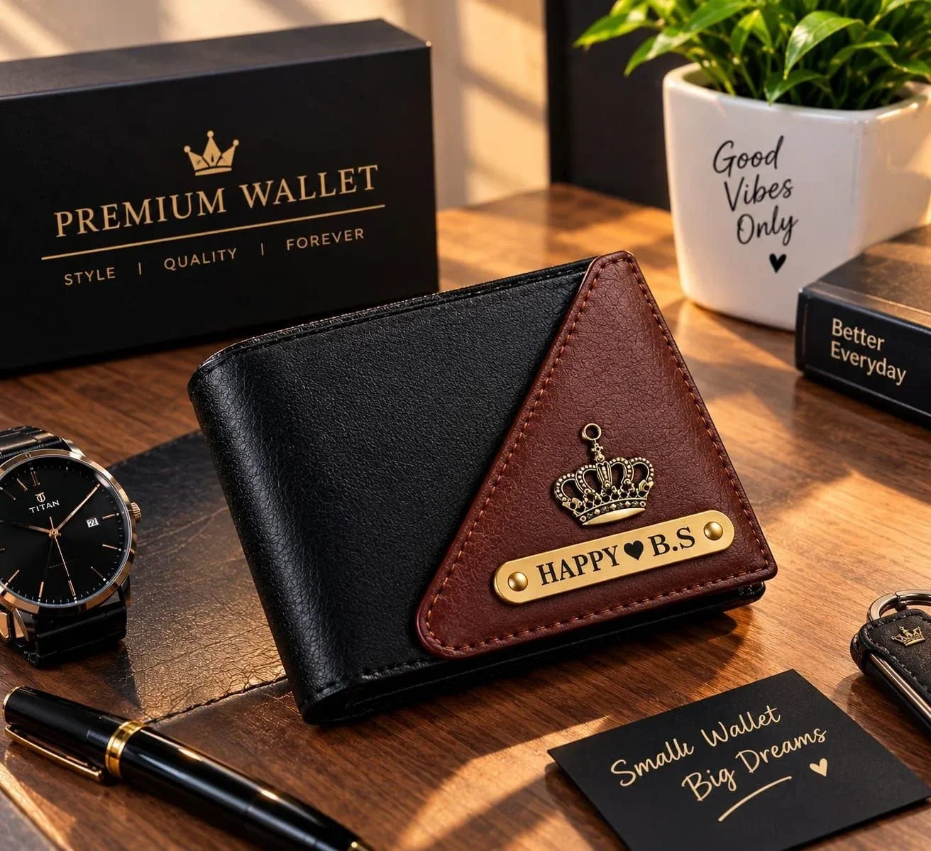 Premium Black & Brown Leatherette Wallet with Custom Name Plate & Crown Design for Men 1