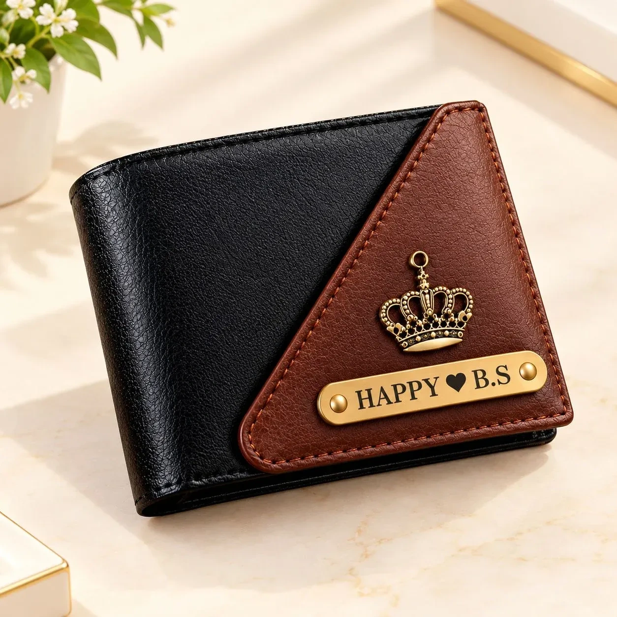 Premium Black & Brown Leatherette Wallet with Custom Name Plate & Crown Design for Men 2