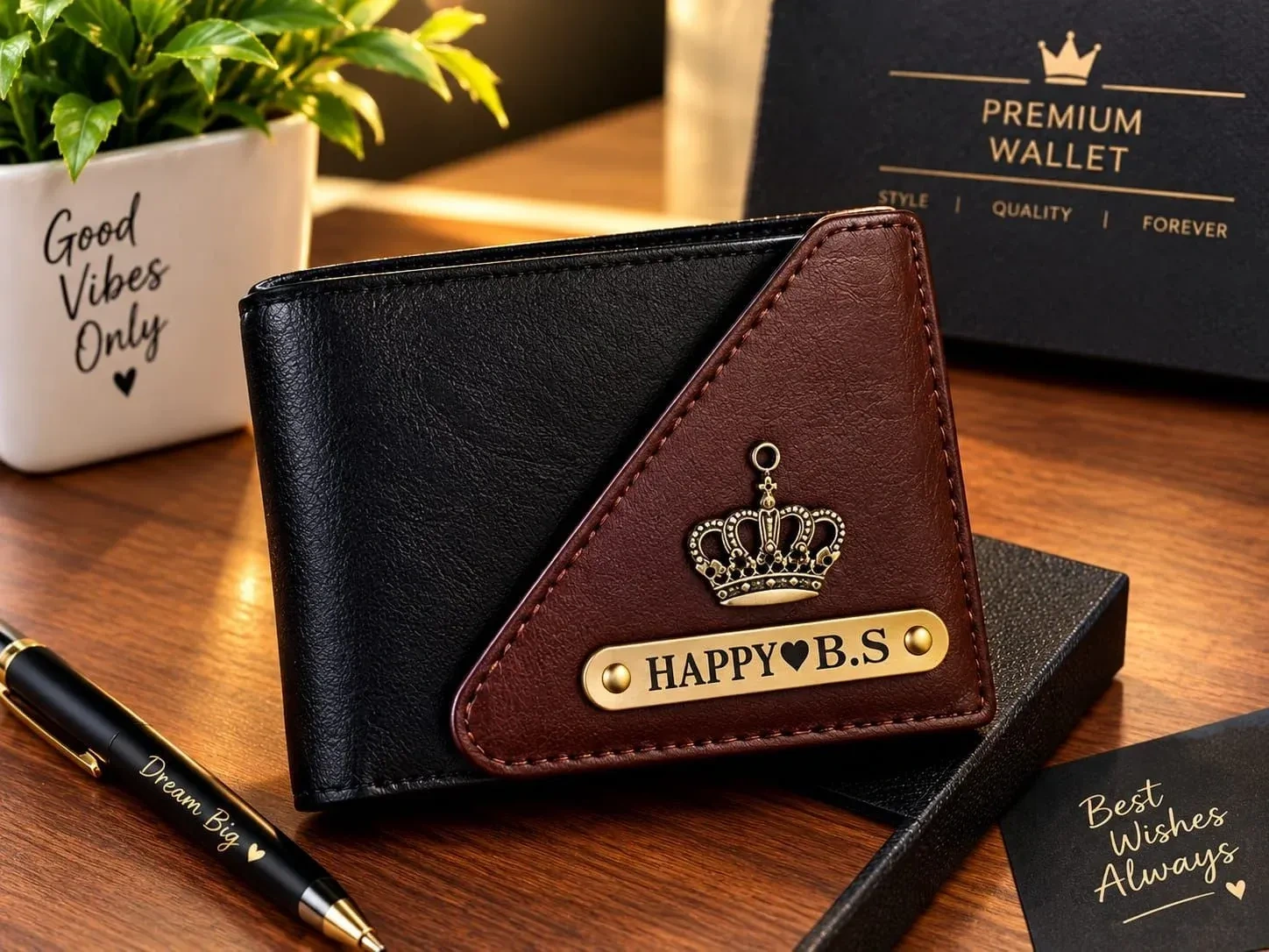 Premium Black & Brown Leatherette Wallet with Custom Name Plate & Crown Design for Men 3