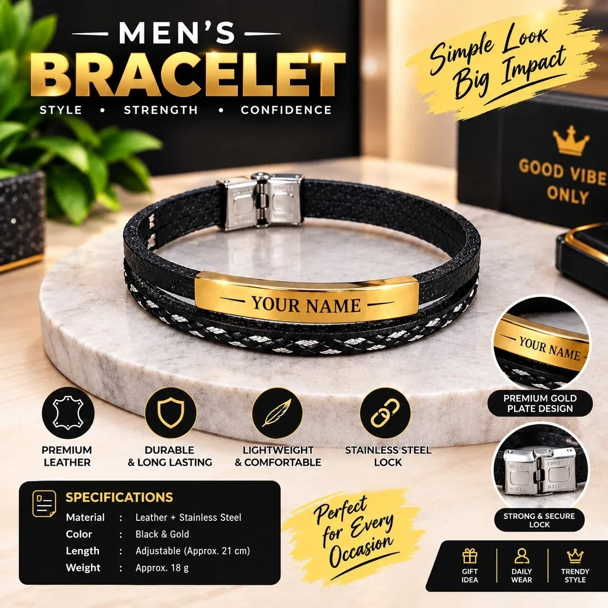 Men’s Black & Gold Personalized Name Engraved Bracelet | Stylish Leather Band with Stainless Steel Lock 1