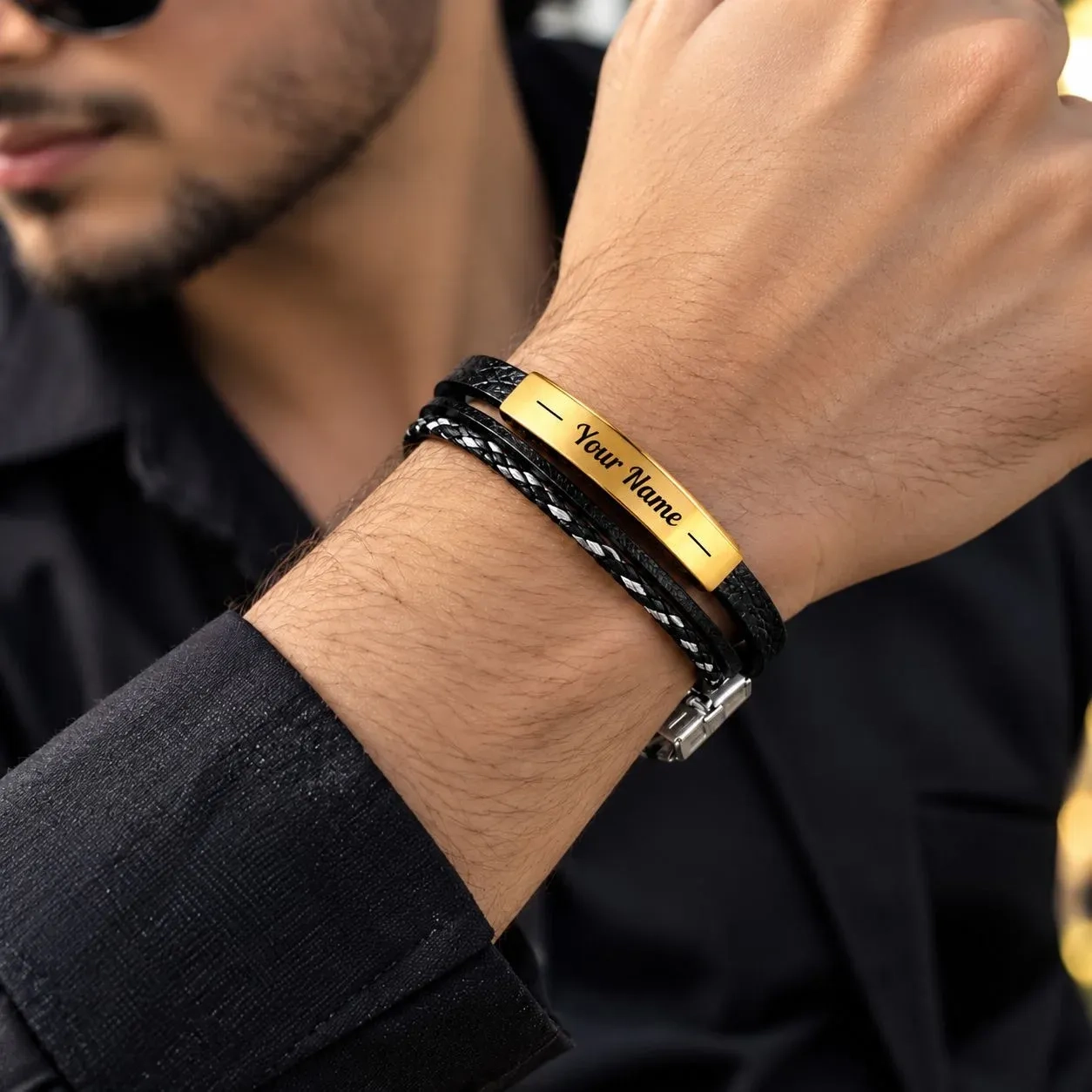 Men’s Black & Gold Personalized Name Engraved Bracelet | Stylish Leather Band with Stainless Steel Lock 2