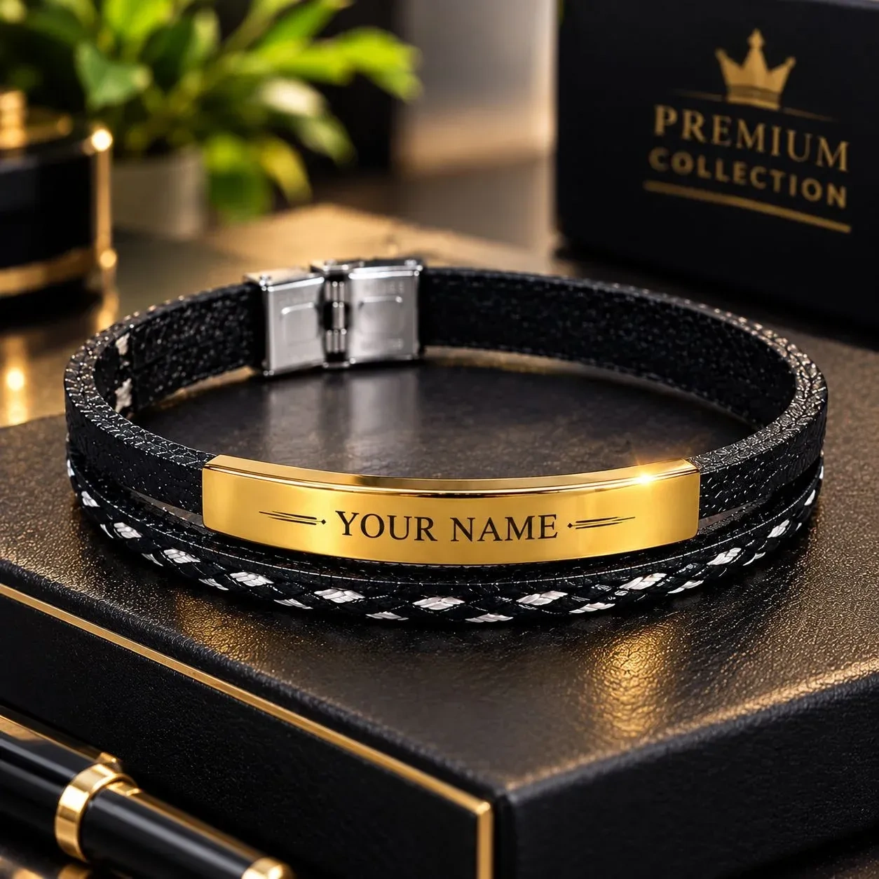 Men’s Black & Gold Personalized Name Engraved Bracelet | Stylish Leather Band with Stainless Steel Lock 3