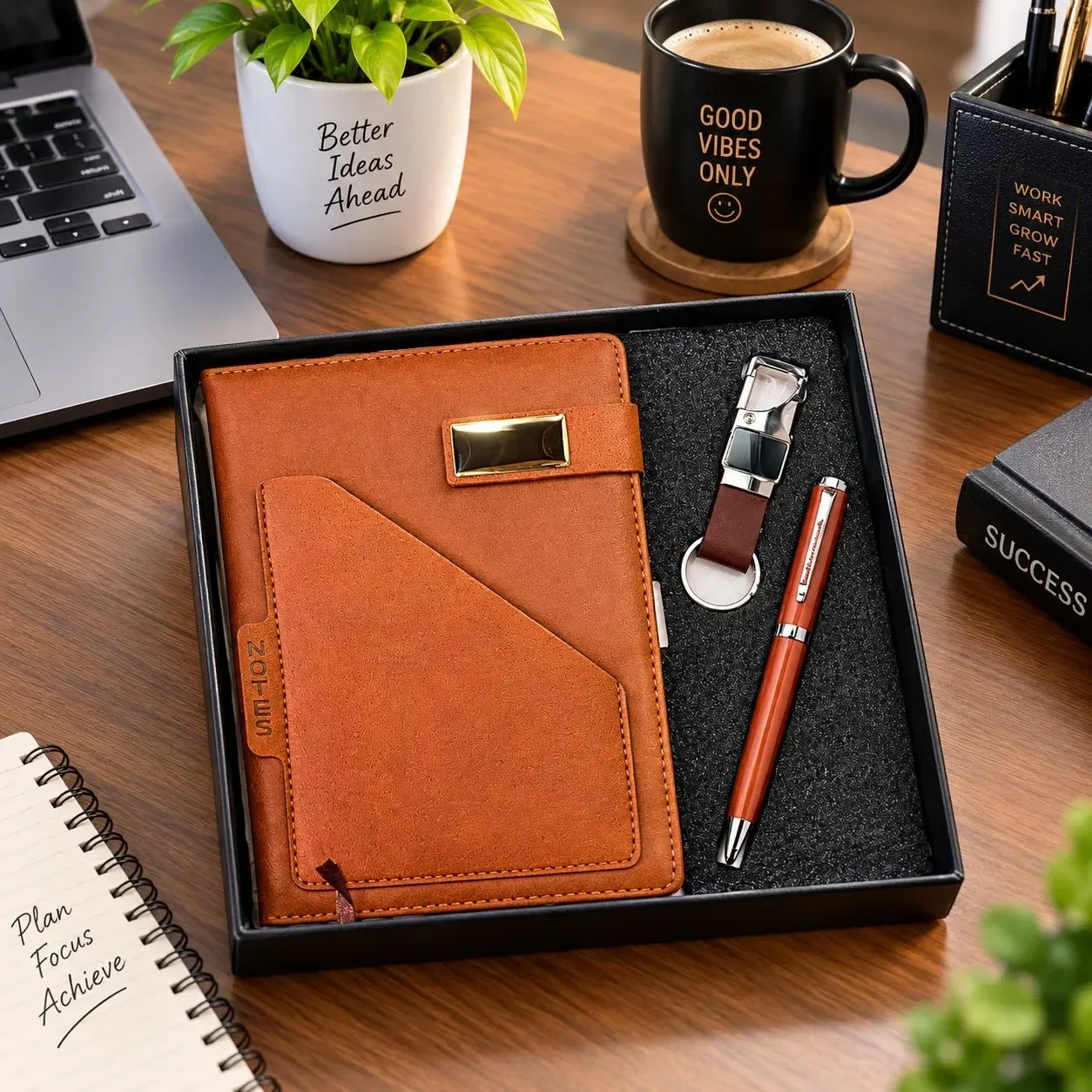 ​Premium Leather Diary, Metal Pen & Keychain Combo 1