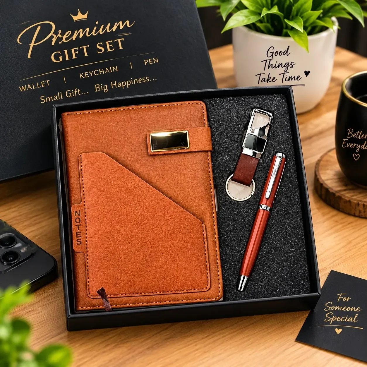 ​Premium Leather Diary, Metal Pen & Keychain Combo 3