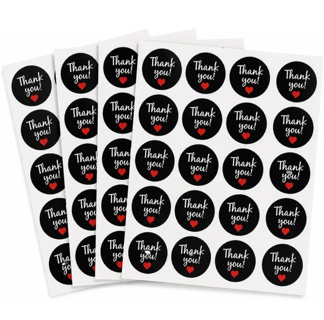 100 Pcs Thank You Stickers 2 Inch Round Black & White with Red Heart | Packaging Labels 1