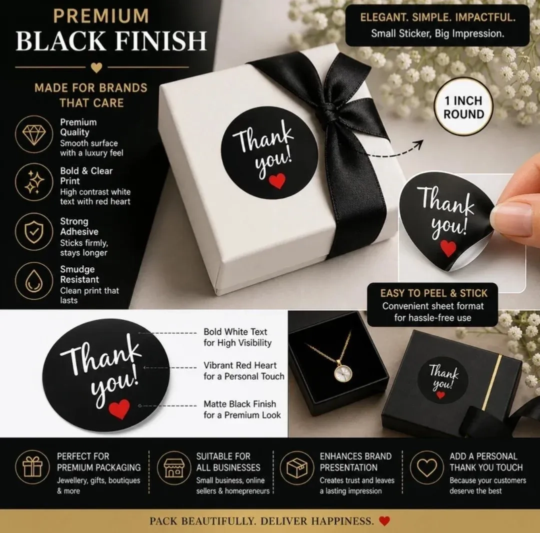100 Pcs Thank You Stickers 2 Inch Round Black & White with Red Heart | Packaging Labels 3